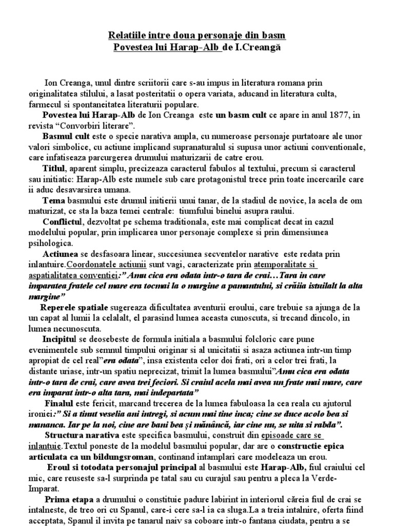 Relatiile Dintre 2 Personaje Harap Alb
