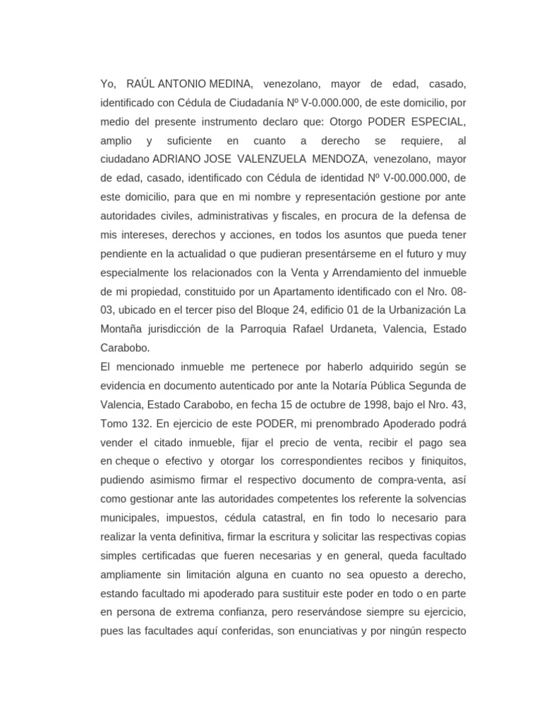 Poder Especial para Venta de Inmueble | PDF