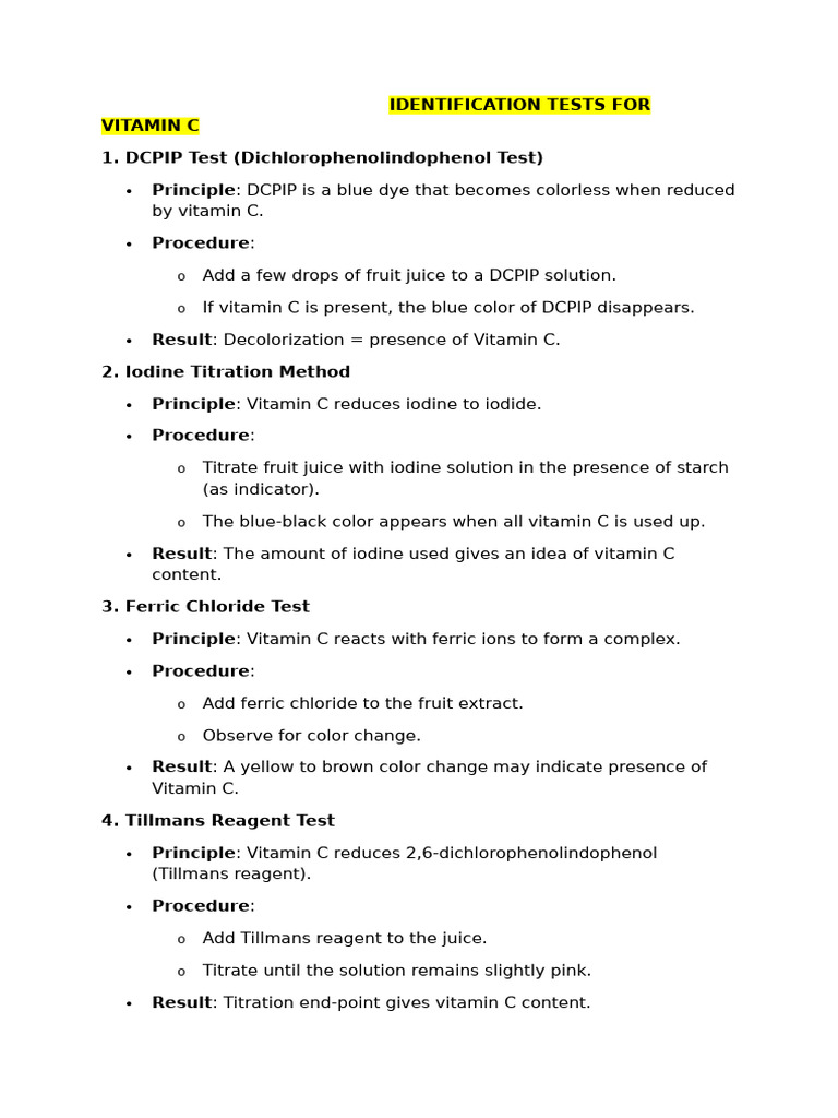 Vitamin C Identification Tests Guide | PDF