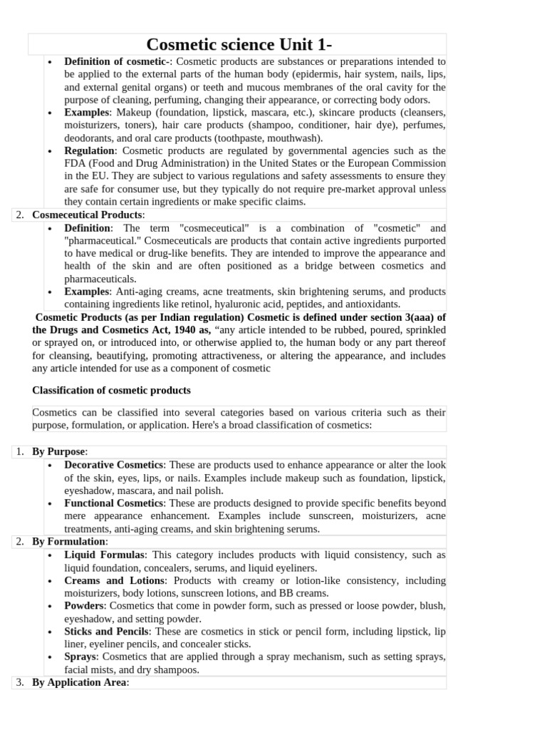 Cosmetic Science Unit 1 | PDF | Surfactant | Cosmetics