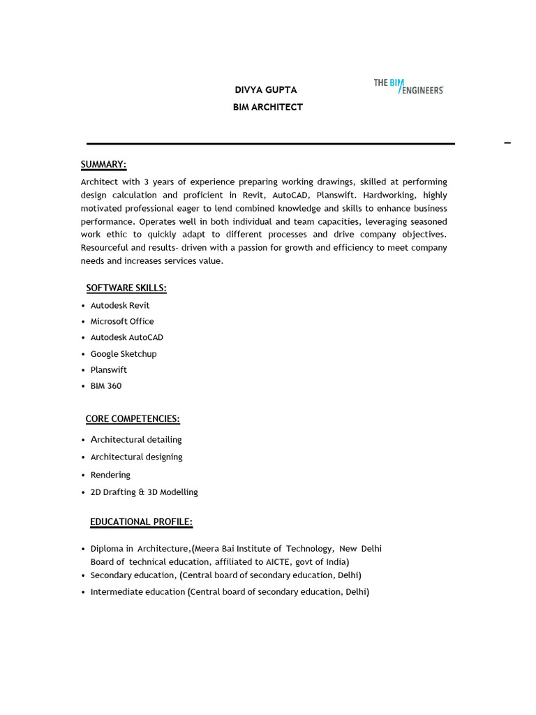 Divya Gupta - TBE - BIM Arch - CV (1) - 2 | PDF | Autodesk Revit | Software