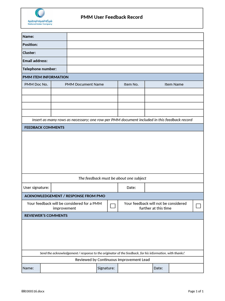 PMM User Feedback Submission Form | PDF