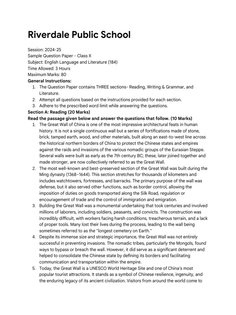Class 10 Sample Paper 3 - English Language and Literature | PDF ...