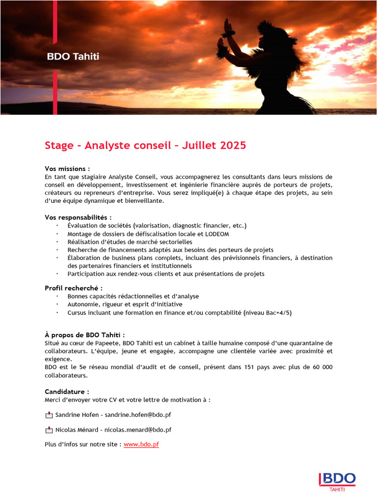Stage Analyste Conseil chez BDO Tahiti | PDF