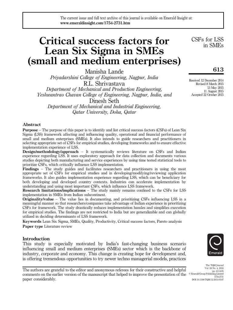 Critical Success Factors for LSS in SMEs | PDF | Six Sigma | Lean ...