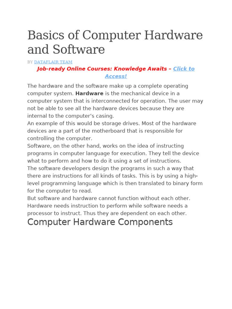 Basics of Computer Hardware and Software | PDF | Computer Hardware ...