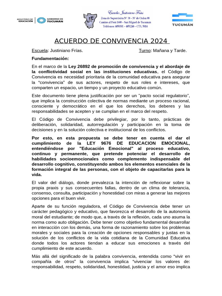 Acuerdo de Convivencia 2024 Escuela Justiniano Frías | PDF | Escuelas ...