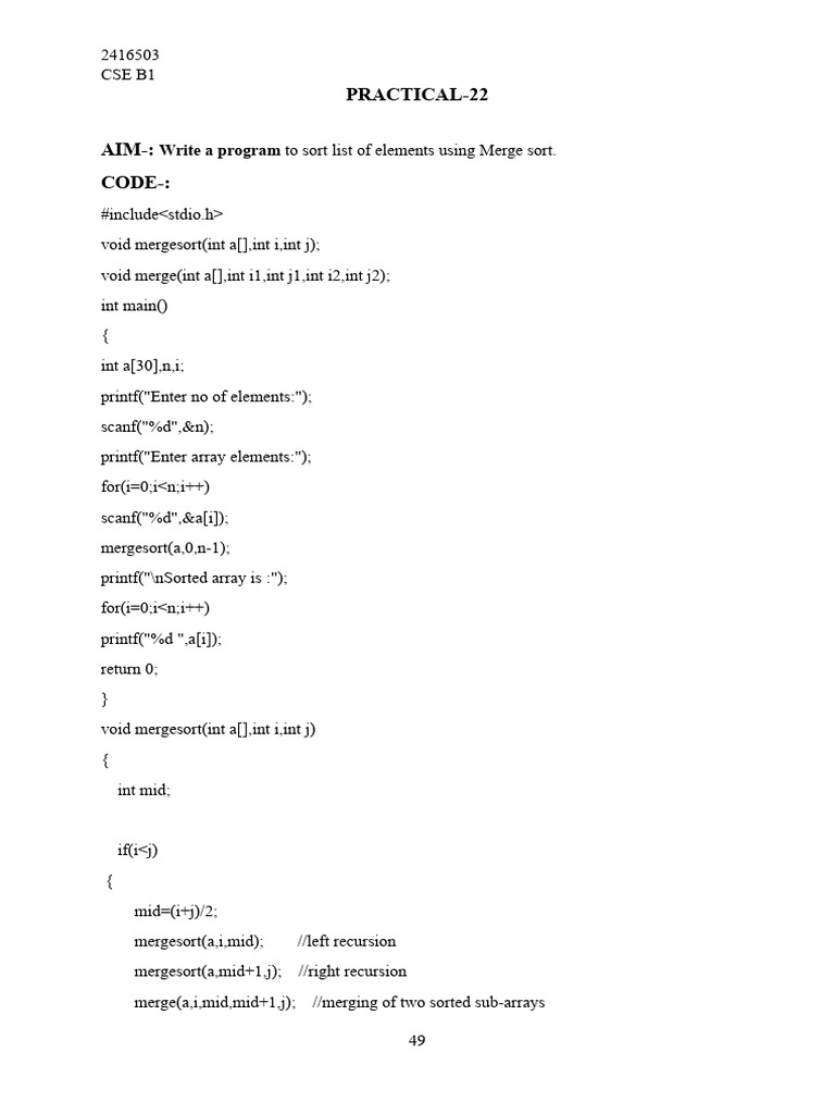 Merge Sort Program in C | PDF | Algorithms | Computer Science