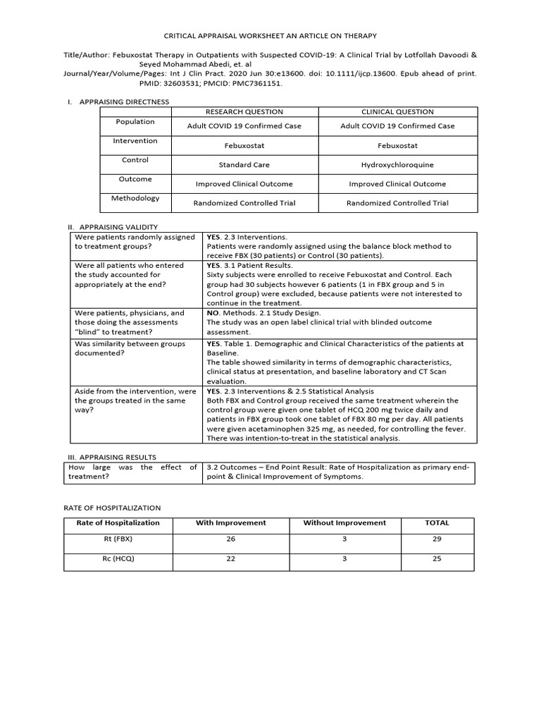 CRITICAL APPRAISAL WORKSHEET AN ARTICLE ON THERAPY | PDF | Human ...
