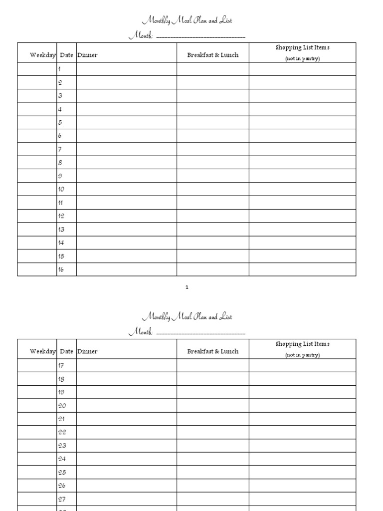 Monthly Meal Plan Form | PDF | Finance & Money Management | Wellness