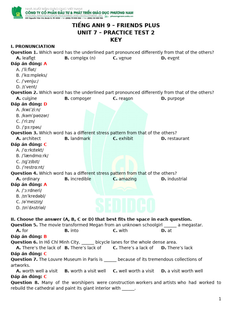 English 9 Unit 7 Practice Test Answers | PDF | Ho Chi Minh City