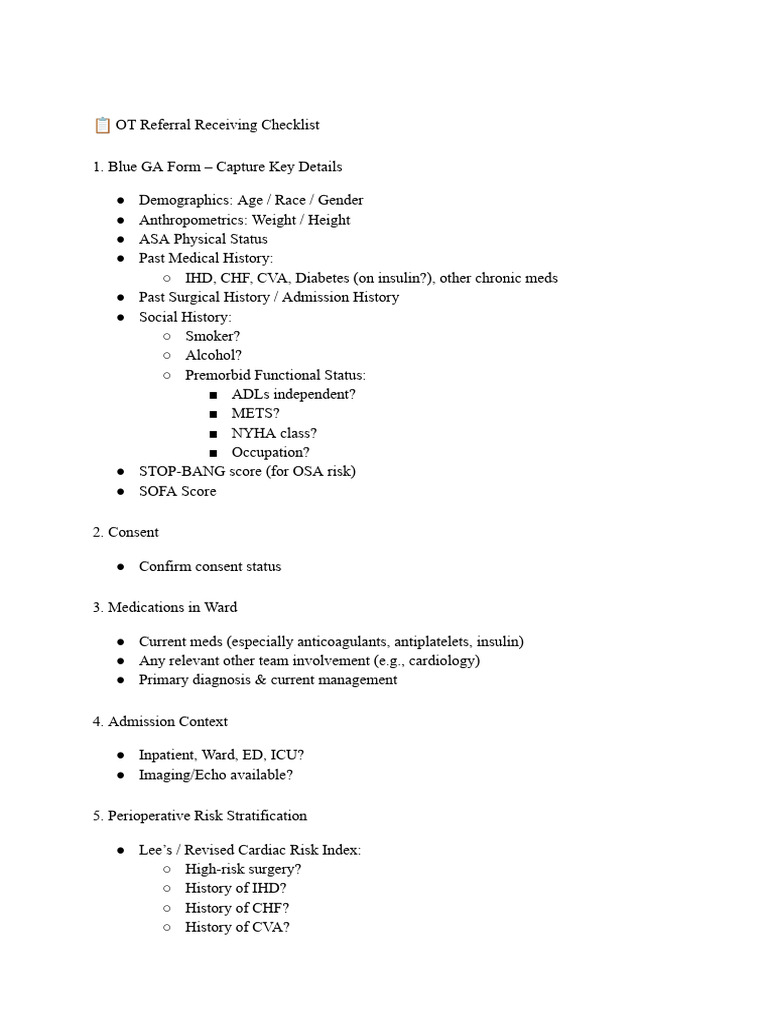 OT Referral Checklist for Patient Assessment | PDF