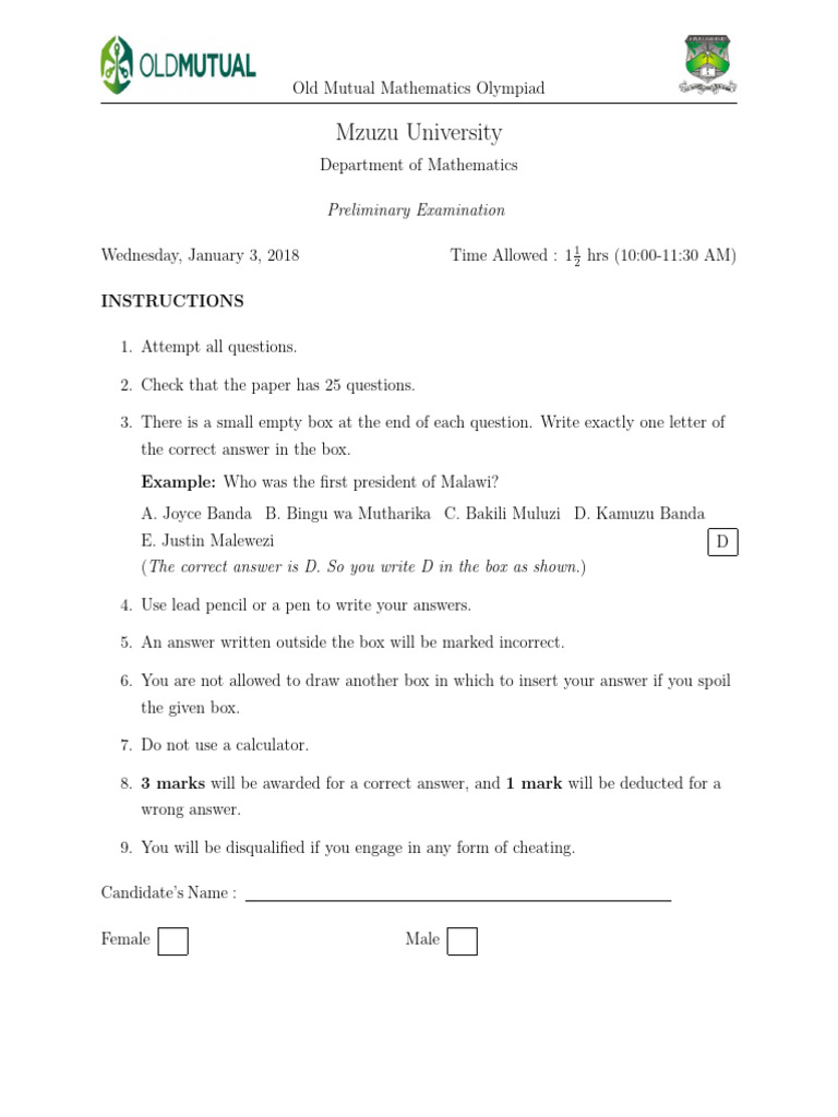 Old Mutual Mathematics Olympiad Exam | PDF | Malawi | Mathematics