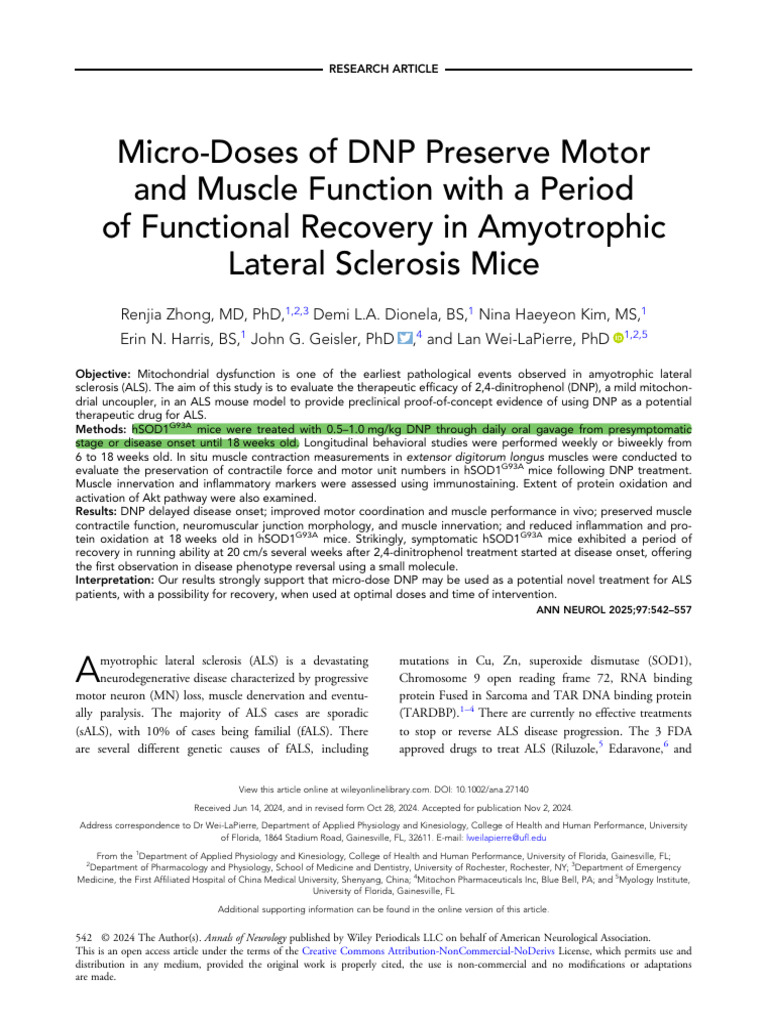 Micro Doses of DNP Preserve Motor and Muscle Function With A Period of ...