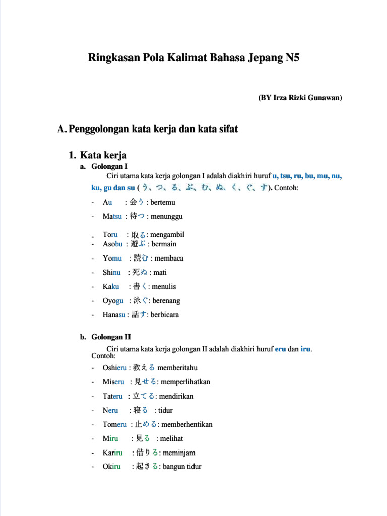 PDF Ringkasan Pola Kalimat Bahasa Jepang n5 Pemula Compress