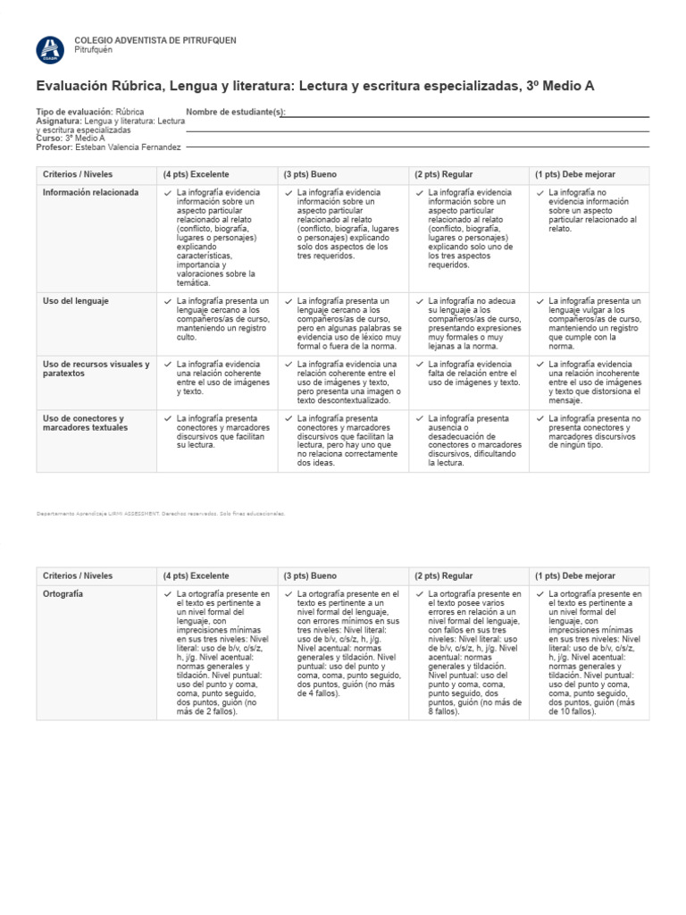 Evaluacion Rubrica Lengua y Literatura Lectura y Escritura ...