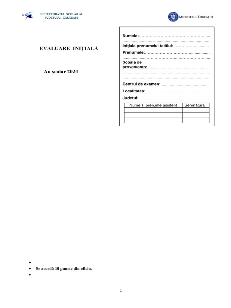 Test Initial Matematica Clasa A VIII-a Sept 2024 | PDF