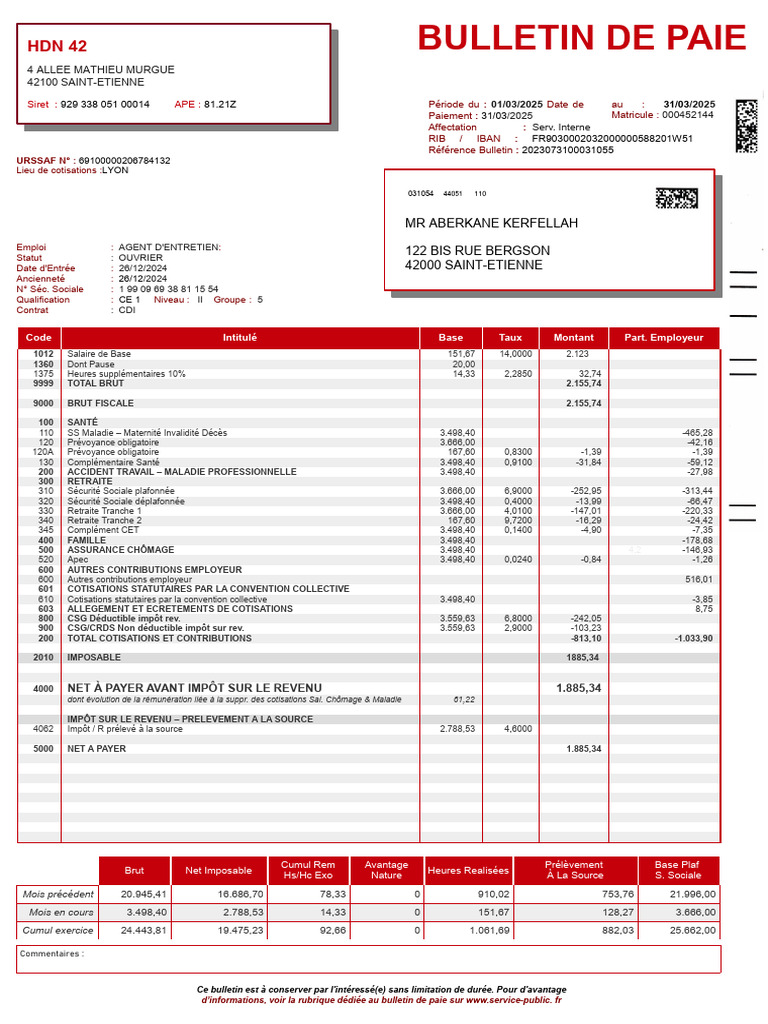 Bulletin de Paie Mars 2025 - Détails Salariaux | PDF | Bulletin de ...