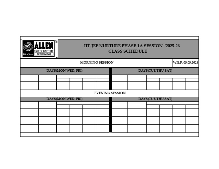 Iit-Jee Nurture Phase-1A Session '2025-26 Class Schedule: Morning ...
