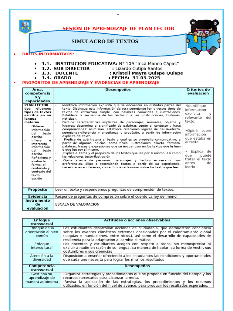 Sesión de Aprendizaje: Plan Lector | PDF | Aprendizaje | Evaluación