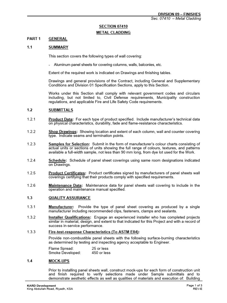 Metal Cladding Specifications and Guidelines | PDF | Wall ...