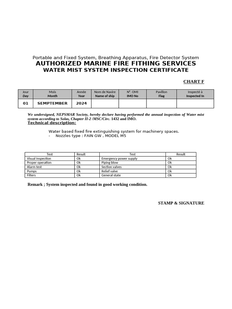 Water Mist System Inspection Certificate | PDF