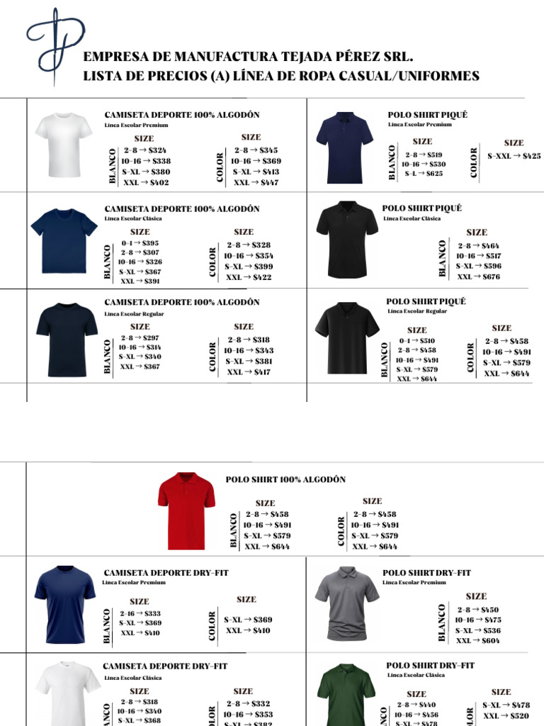 Lista de Precios Ropa Casual y Escolar | PDF