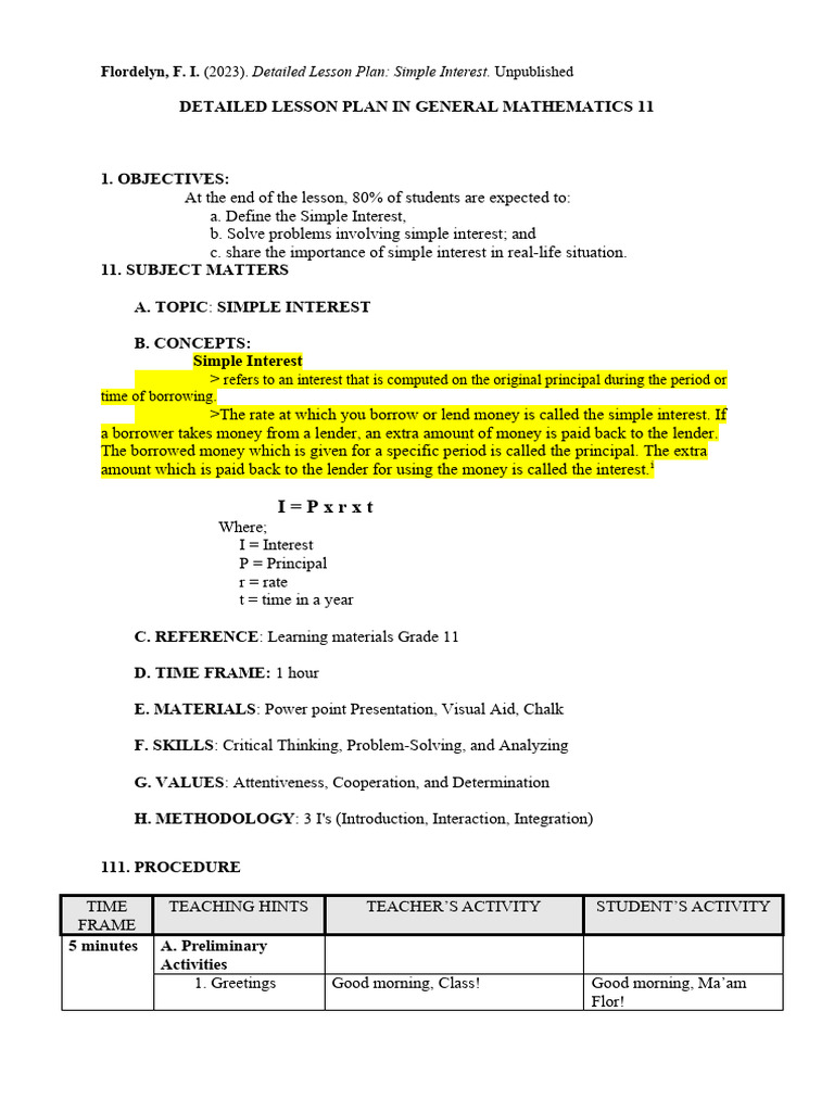 Simple Interest Lesson Plan for Students | PDF | Interest | Banks