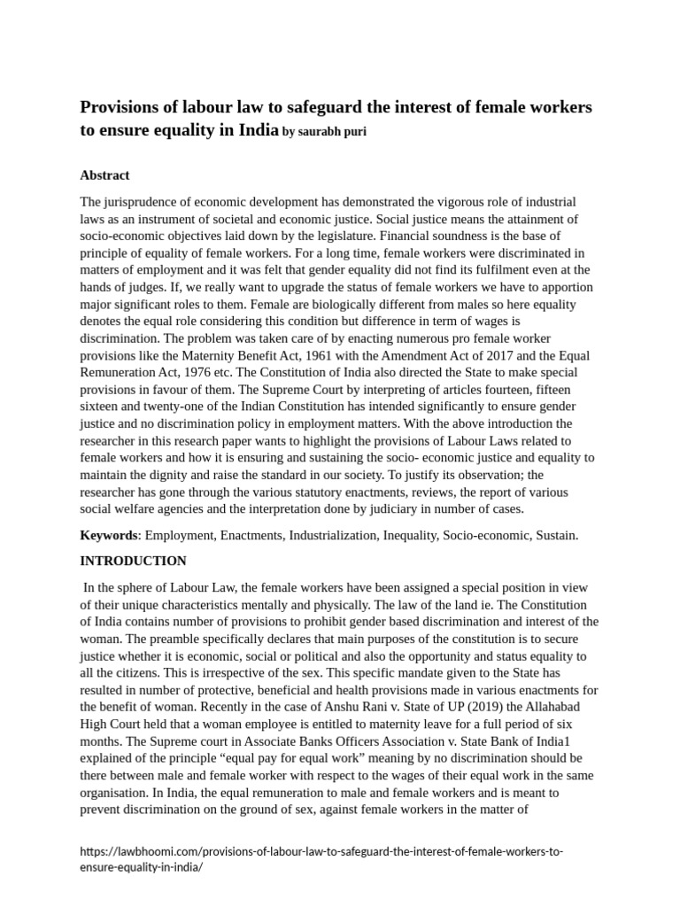 Labour Laws for Women's Equality in India | PDF | Labour Law | Employment