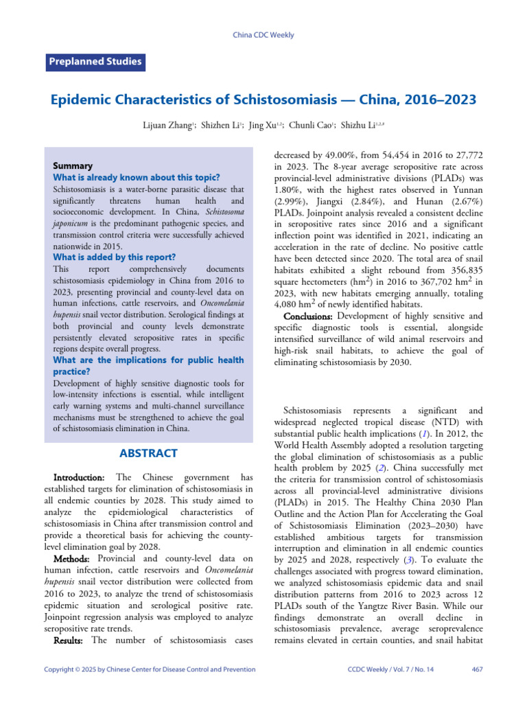 Epidemic Characteristics of Schistosomiasis - China, 2016-2023 | PDF ...