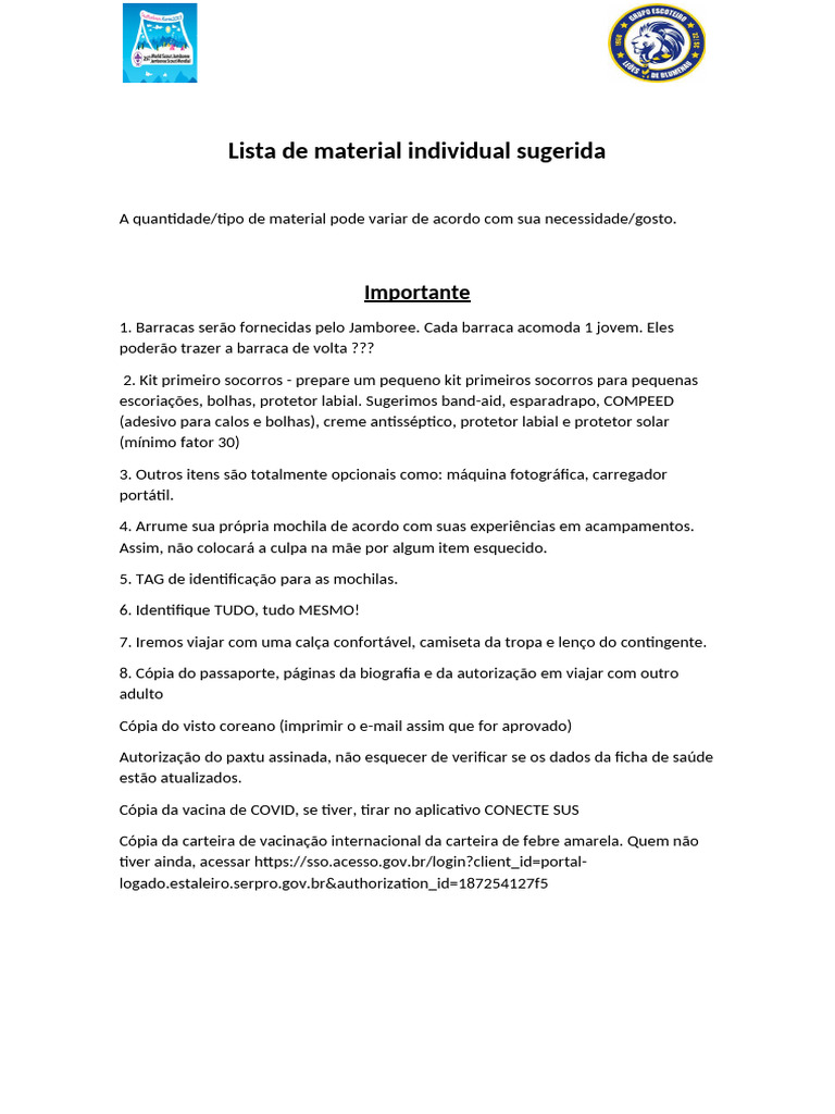 Lista Completa de Materiais para Jamboree | PDF | Roupas