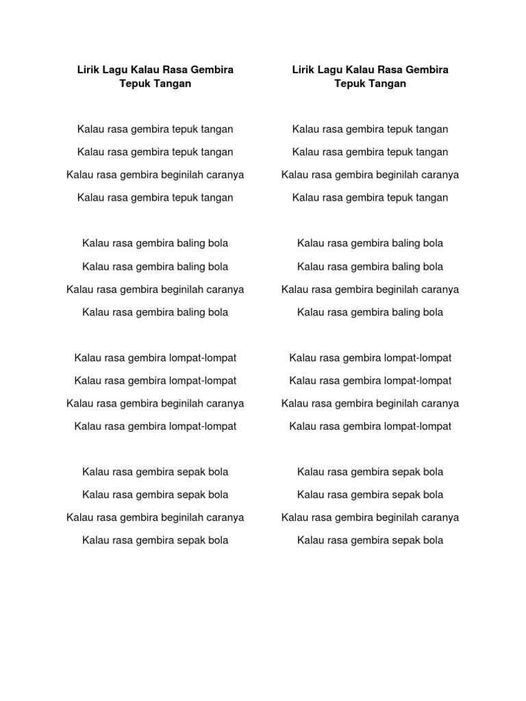 Lirik Lagu Kalau Rasa Gembira Tepuk Tangan Pdf
