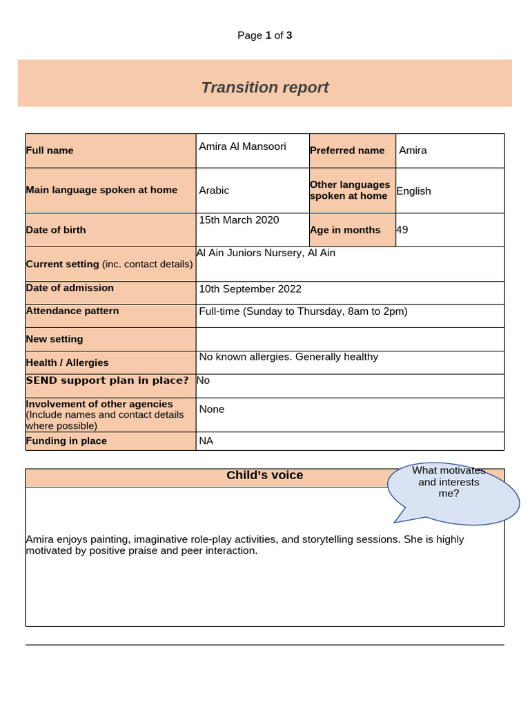 EYFS Transition Report for Amira Al Mansoori | PDF | Psychological ...