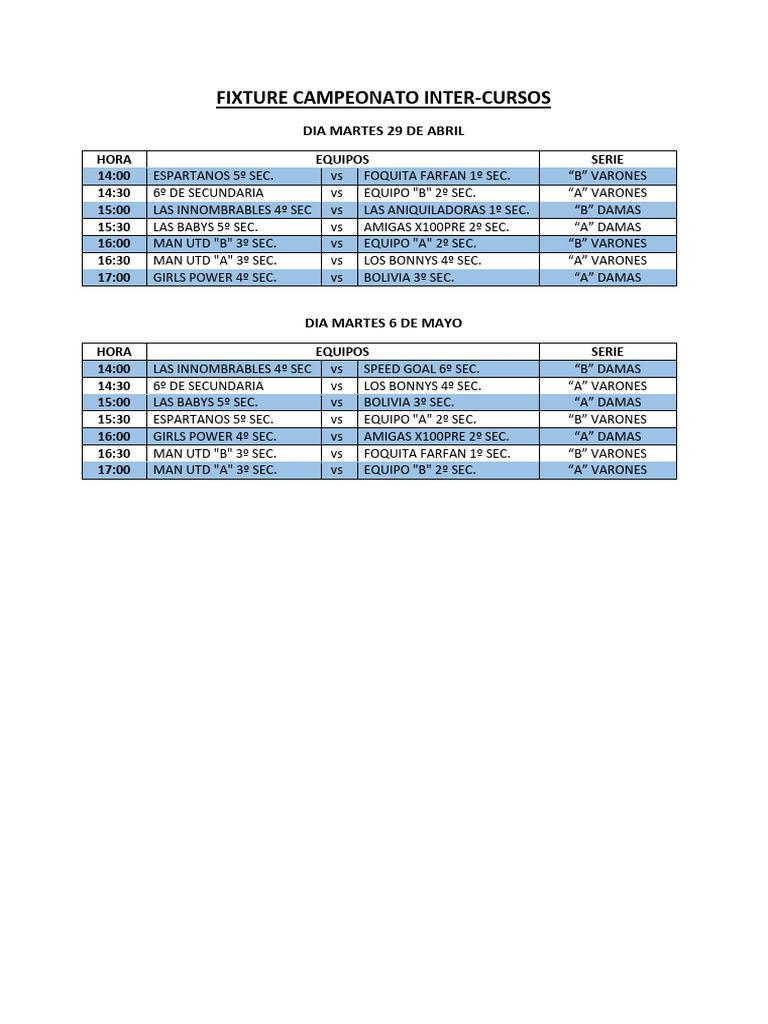 Fixture Campeonato Inter-Cursos 2023 | PDF