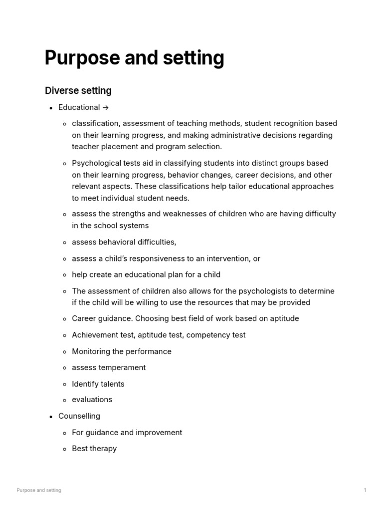 Purpose and Setting of Psychological Testing | PDF | Psychology ...