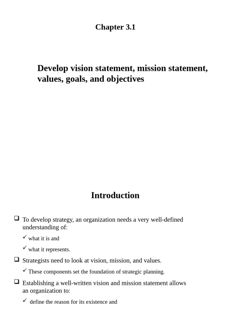 CH 3-1 Vision, Mission, Values, Goals, and Objectives | PDF | Goal ...