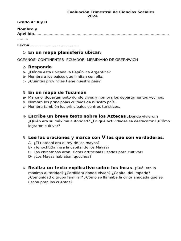 Grado 4 - Eval de Ciencia Sociales - Esc 142 | PDF