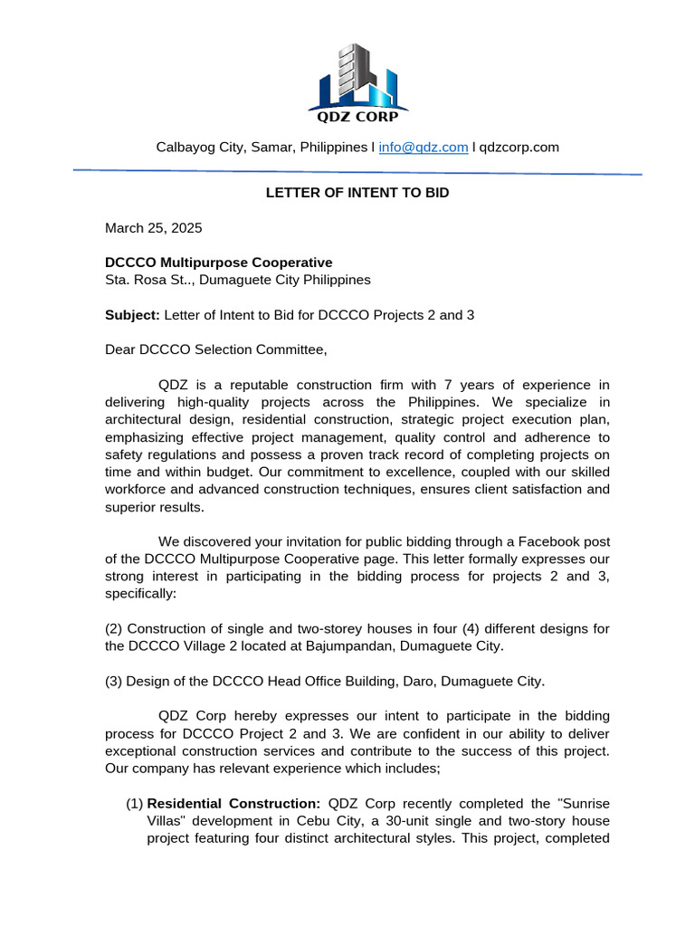 Intent to Bid for DCCCO Projects | PDF | Project Management | Procurement