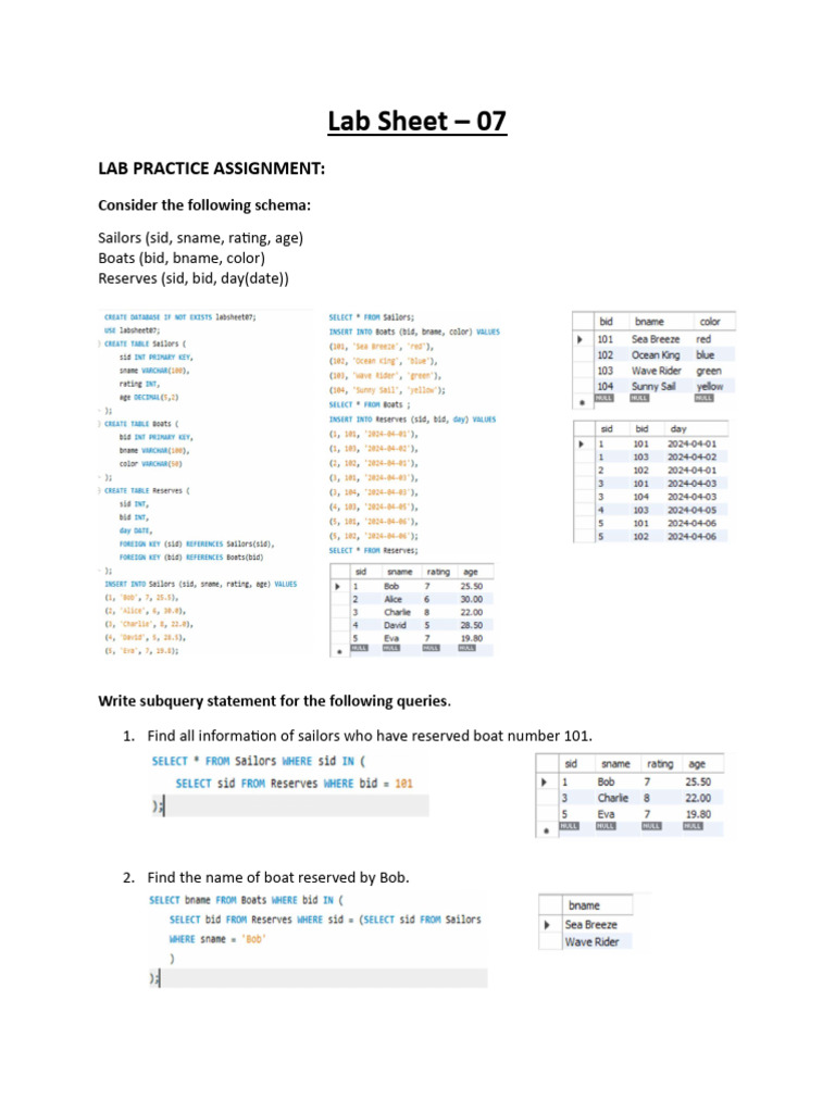 SQL Subqueries for Sailor Reservations | PDF