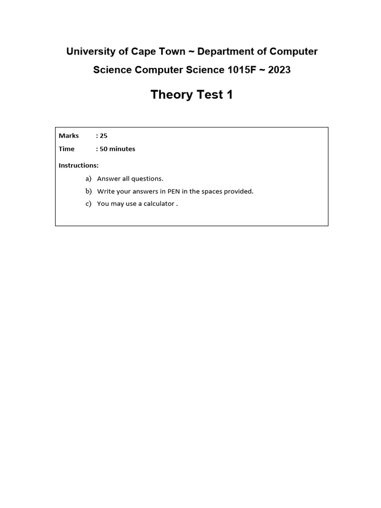 UCT Computer Science 1015F Theory Test 2023 | PDF | Control Flow ...