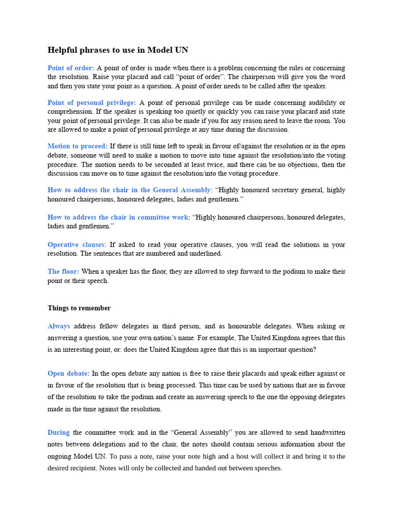 Essential MUN Phrases and Procedures | PDF | Meetings
