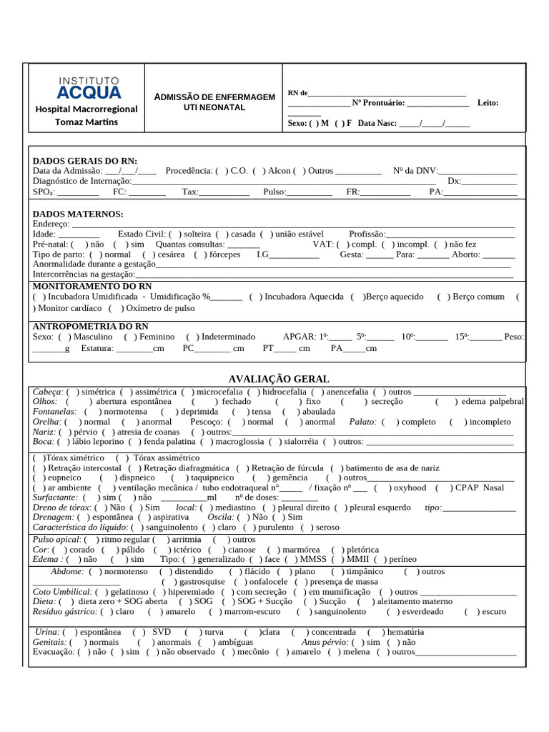 Admissão de Enfermagem UTI Neonatal | PDF | Doenças e distúrbios ...