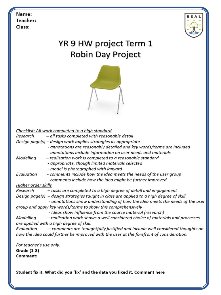 Year 9 Furniture Design Project Checklist | PDF