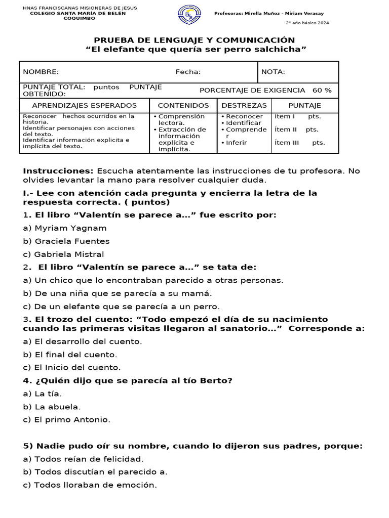 Prueba de Lenguaje 2° Básico 2024 | PDF
