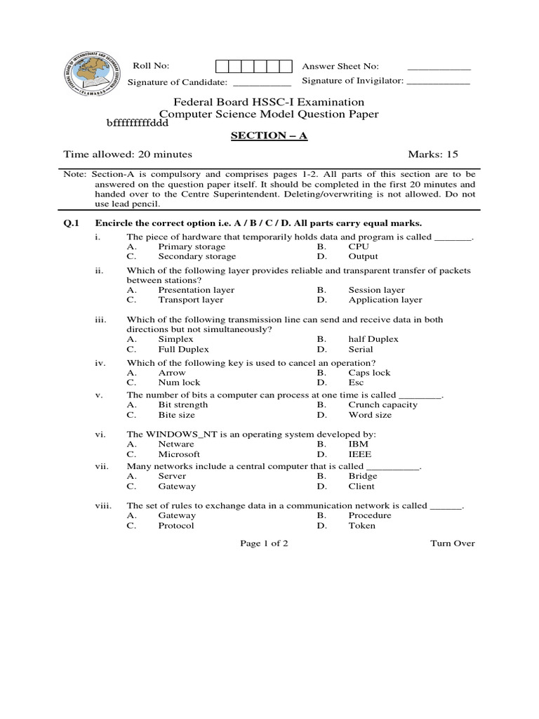 Class 11 Computer Science Model Paper | PDF | Operating System ...
