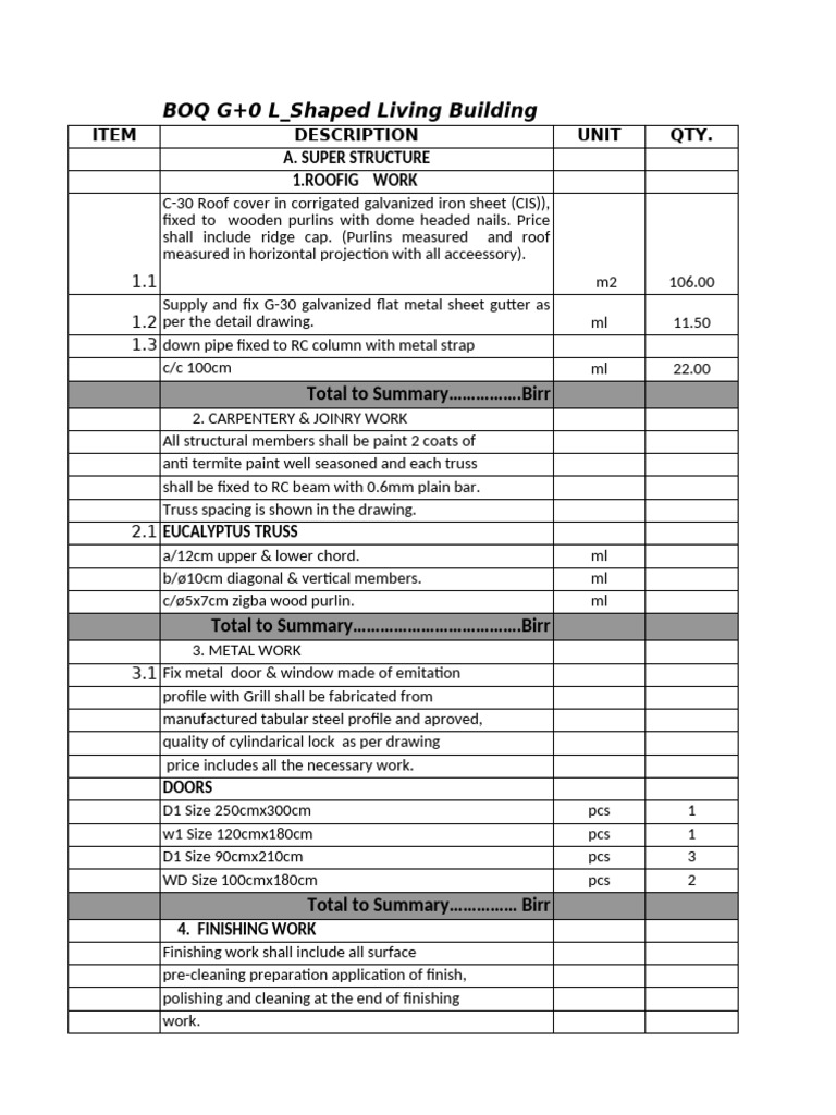 BOQ G+0 L - Shape Aba Kiros Site | PDF | Truss | Window