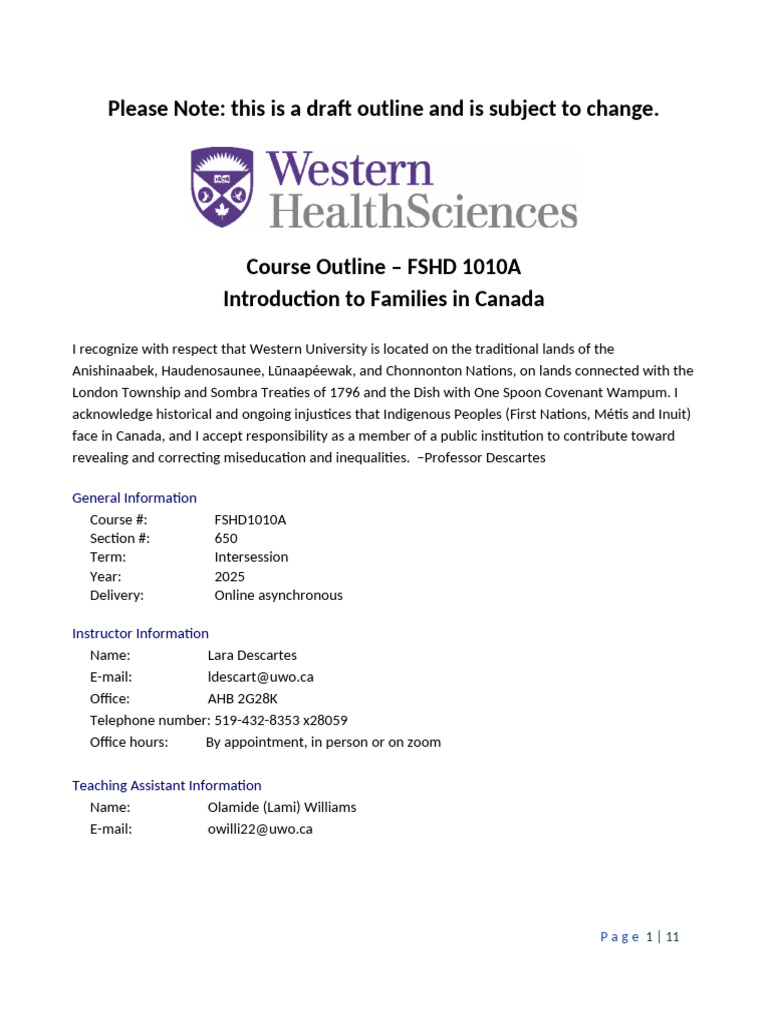 FSHD 1010A Course Outline: Families in Canada | PDF | Plagiarism