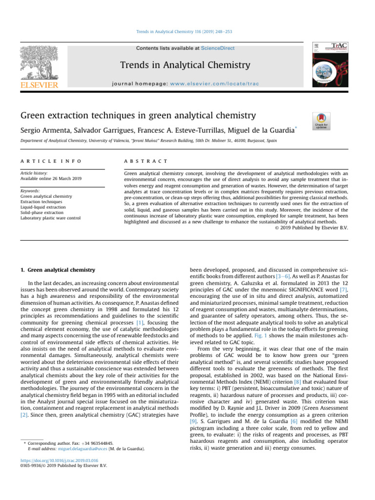 Green Extraction Techniques in Analytical Chemistry | PDF | Chemistry