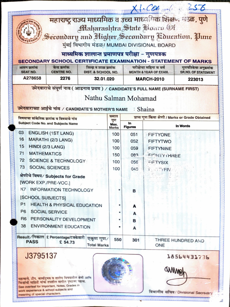 SSC Examination Statement of Marks | PDF