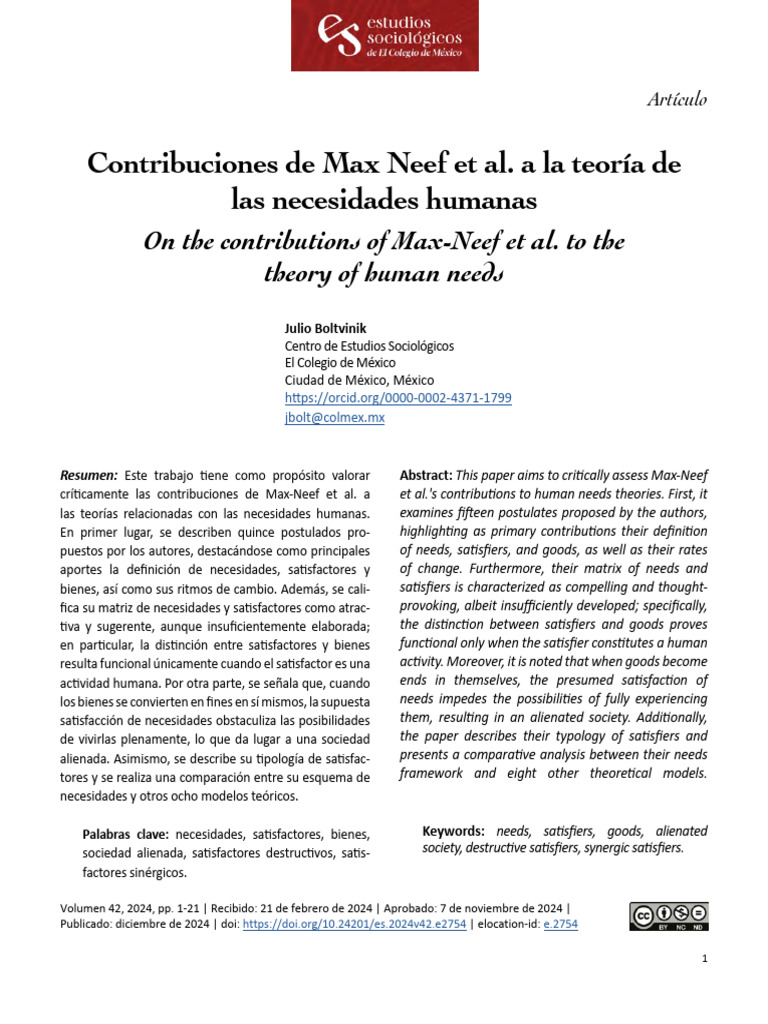Contribuciones de Max Neef Et Al. A La Teoría de Las Necesidades ...